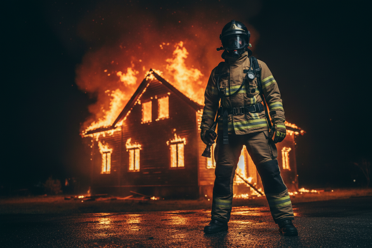 Kan du lage bilde av en norsk brannmann i hovedfokus med et brennende hus i bakgrunnen?