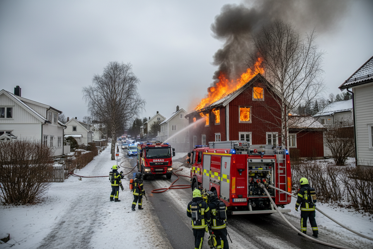 Kan du lage et bilde av et hus som står i brann i norge? Det må være norske biler og utrykningskjøretøy. Og arbeiderne må være norske.